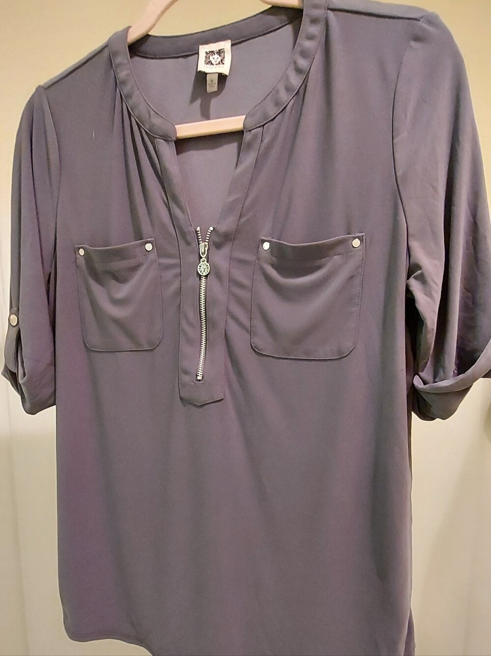 Anne Klein Slate Gray Zip-Pocket Blouse